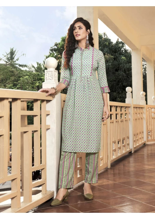 Women's Muslin Light Pista Coller Neck And Print Placket Patti Printed Straight Kurti With Printed Bottom
