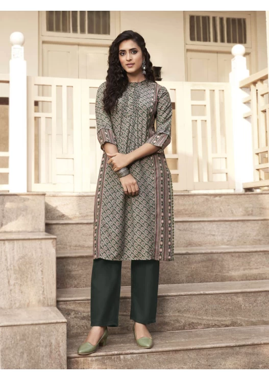 Women's Muslin Bottle Green Coller Neck, Placket Patti And Hand Work  Printed Straight Kurti With Plain Bottom