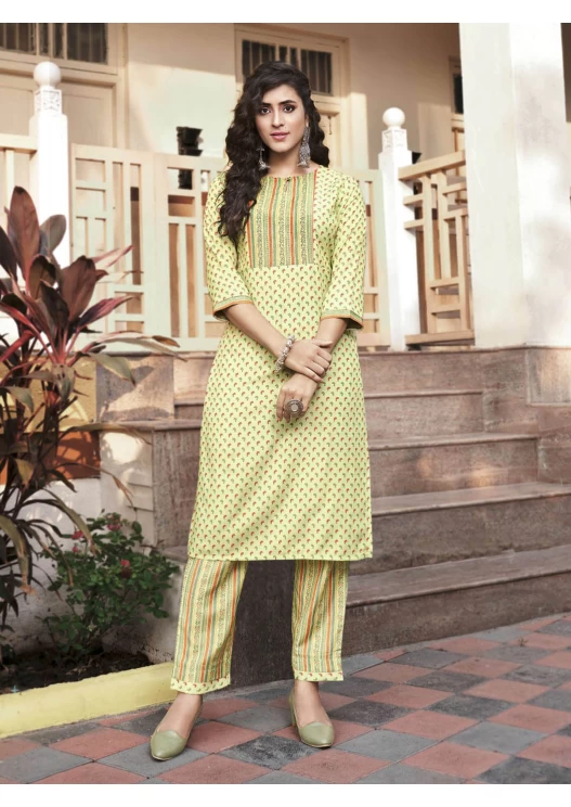 Women's Muslin Pista Green Round Neck And Yog Print Lace Printed Straight Kurti With Printed Bottom