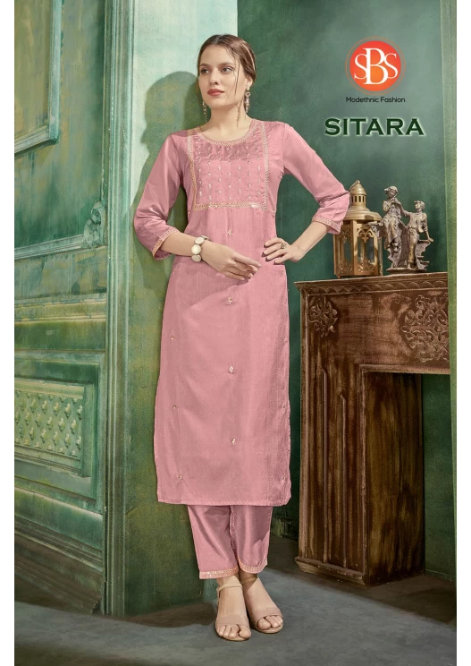 Women's Parampara Silk Pink Emroidery Work Sleeves Cuff Straight Kurti With Silk Bottom