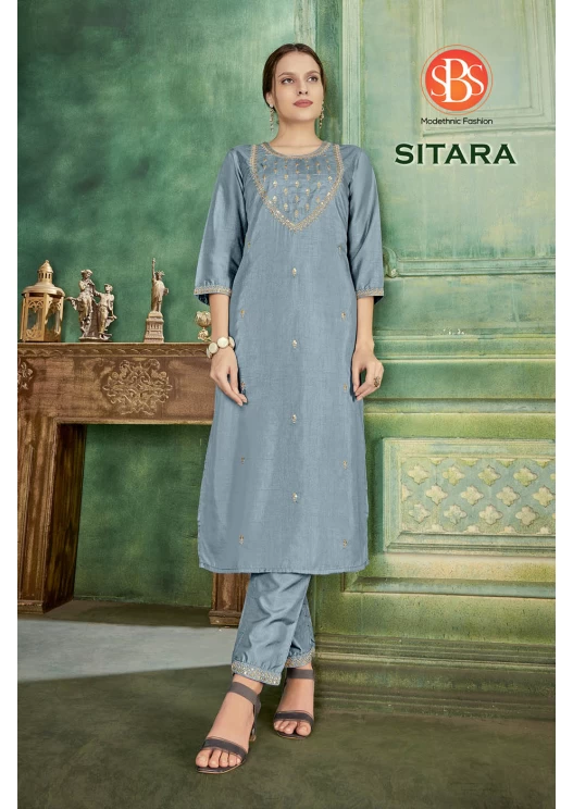 Women's Parampara Silk Light Blue Emroidery Work Sleeves Cuff Straight Kurti With Silk Bottom