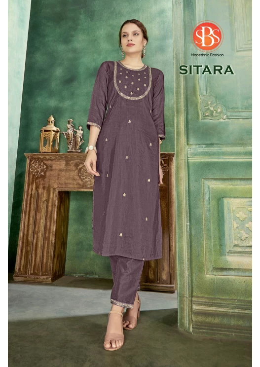 Women's Parampara Silk Wine Emroidery Work Sleeves Cuff Straight Kurti With Silk Bottom