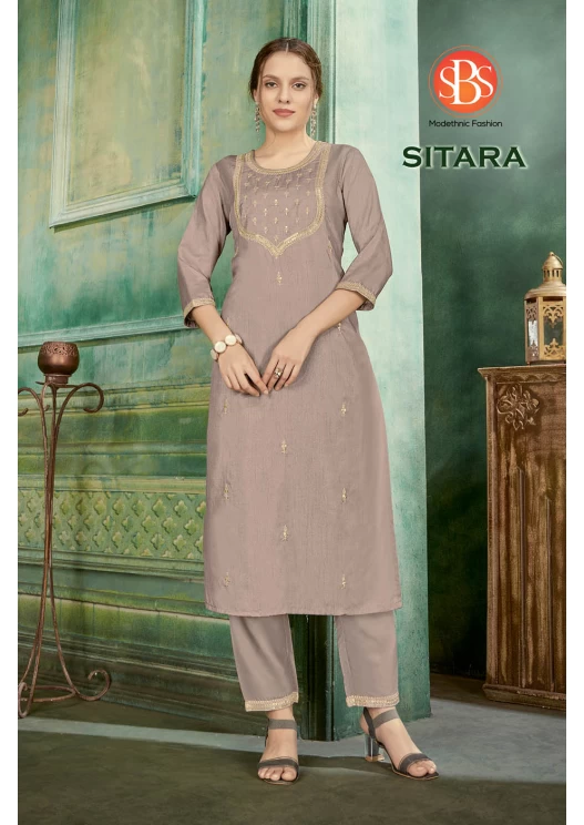 Women's Parampara Silk Cream Emroidery Work Sleeves Cuff Straight Kurti With Silk Bottom