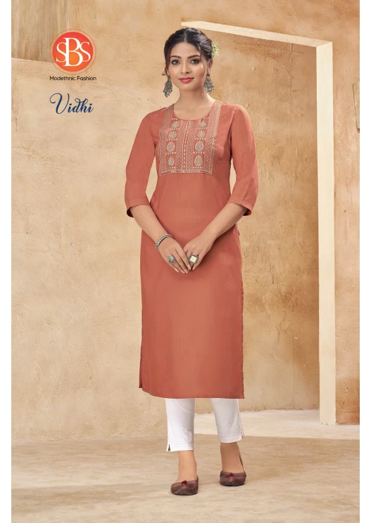 Women's Rayon Slub Peach Front Yog And Embroidery Work Straight Kurti With Anchor Stitch Sleeves