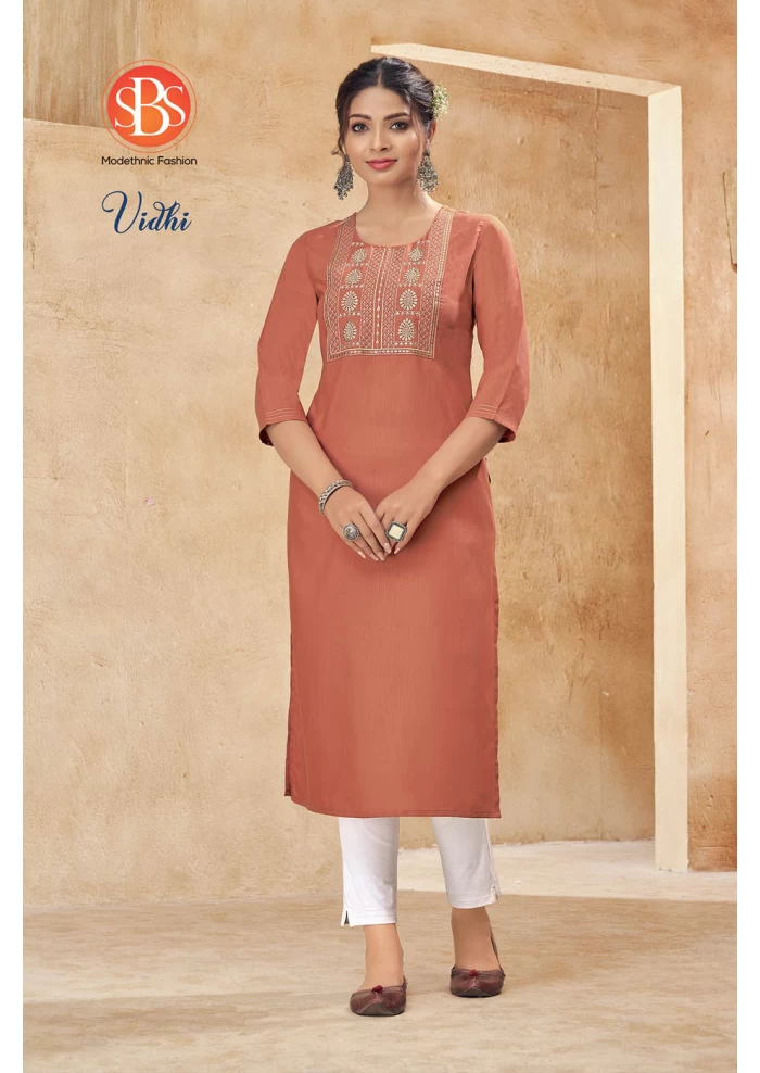 Women's Rayon Slub Peach Front Yog And Embroidery Work Straight Kurti With Anchor Stitch Sleeves