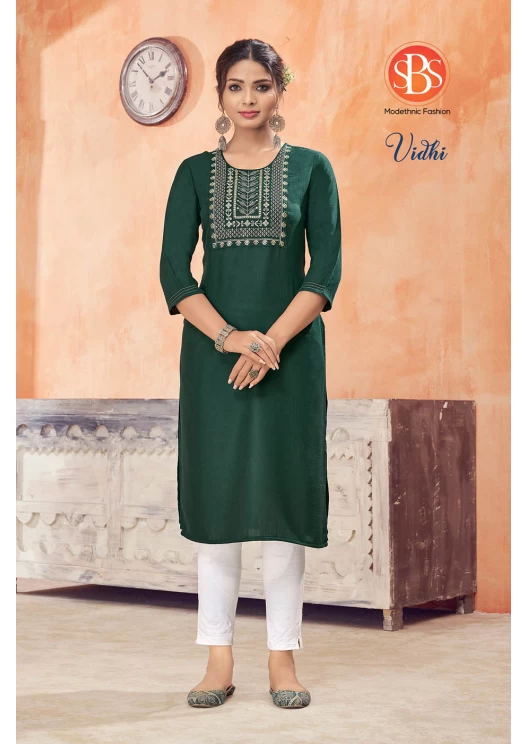 Women's Rayon Slub Green Front Yog And Embroidery Work Straight Kurti With Anchor Stitch Sleeves