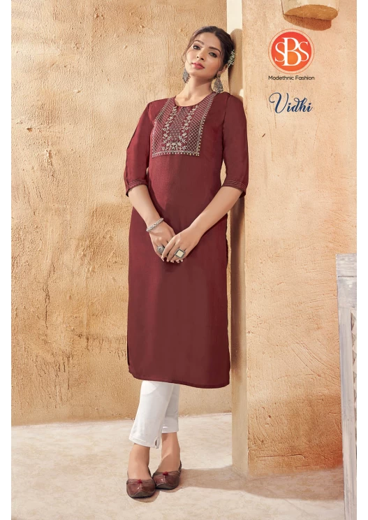 Women's Rayon Slub Maroon Front Yog And Embroidery Work Straight Kurti With Anchor Stitch Sleeves