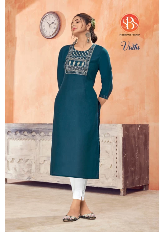 Women's Rayon Slub Blue Front Yog And Embroidery Work Straight Kurti With Anchor Stitch Sleeves