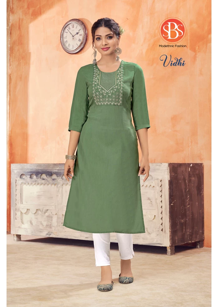Women's Rayon Slub Pista Front Yog And Embroidery Work Straight Kurti With Anchor Stitch Sleeves