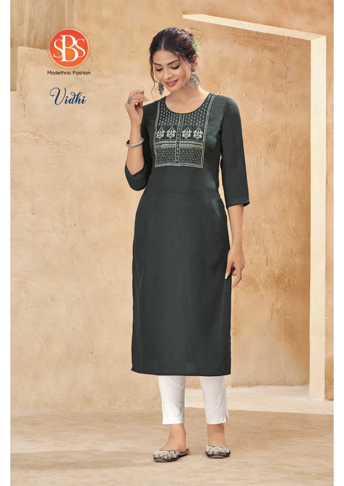 Women's Rayon Slub Dark Grey Front Yog And Embroidery Work Straight Kurti With Anchor Stitch Sleeves