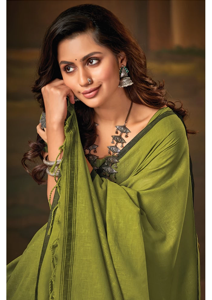 PLAIN MEHENDI GREEN SAREE