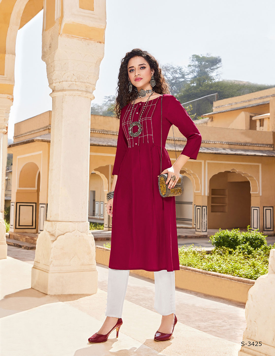 Buy Jaipur Kurti Women Wine Zari Yoke Design Straight Kurta with Palazzos  Online.