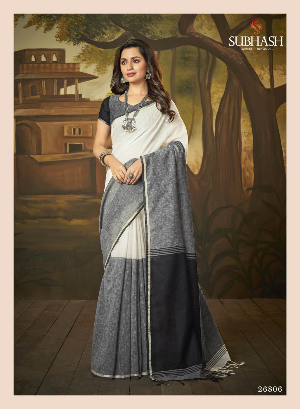 Plain Grey and White Saree | Plain Saree by Subhash Sarees